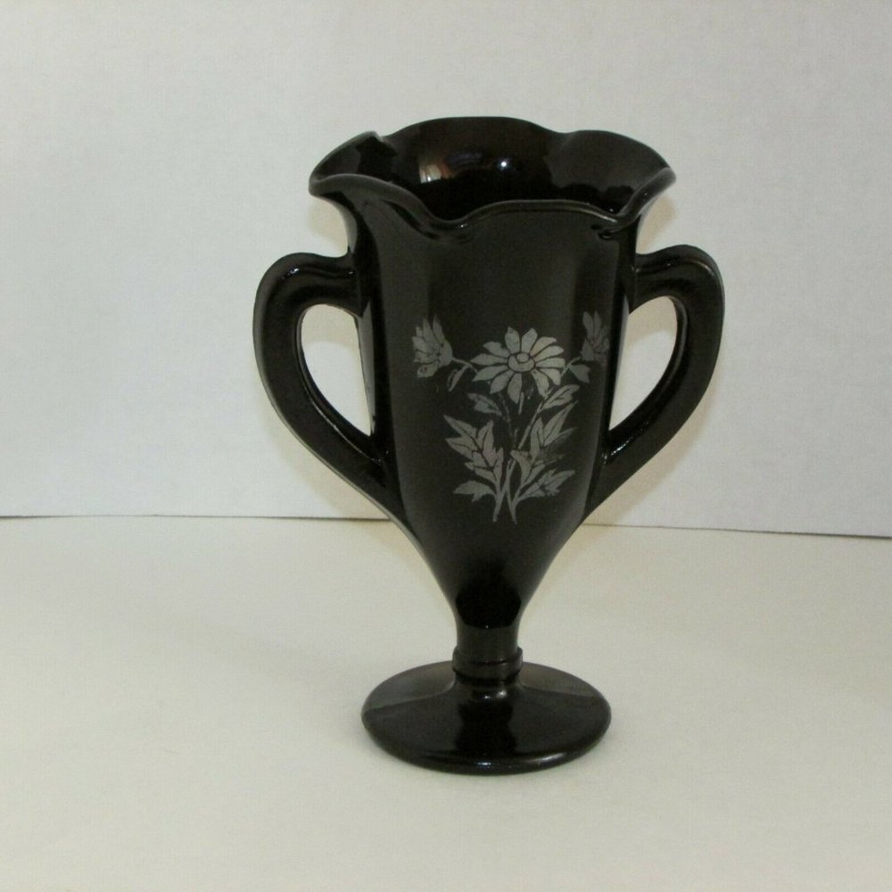 Vintage Black Amethyst Depression Glass Loving Cup Purple Silver Overlay Vase